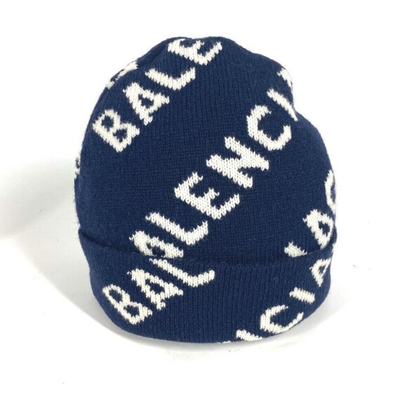 BALENCIAGA 633717 Bicolor logo beanie hat knit cap Knit hat wool Navy/White - Picture 1 of 11